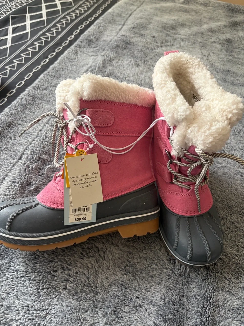 Cat & Jack Pink and Gray Kids Winter Duck Boots with Faux-Sherpa Cuff